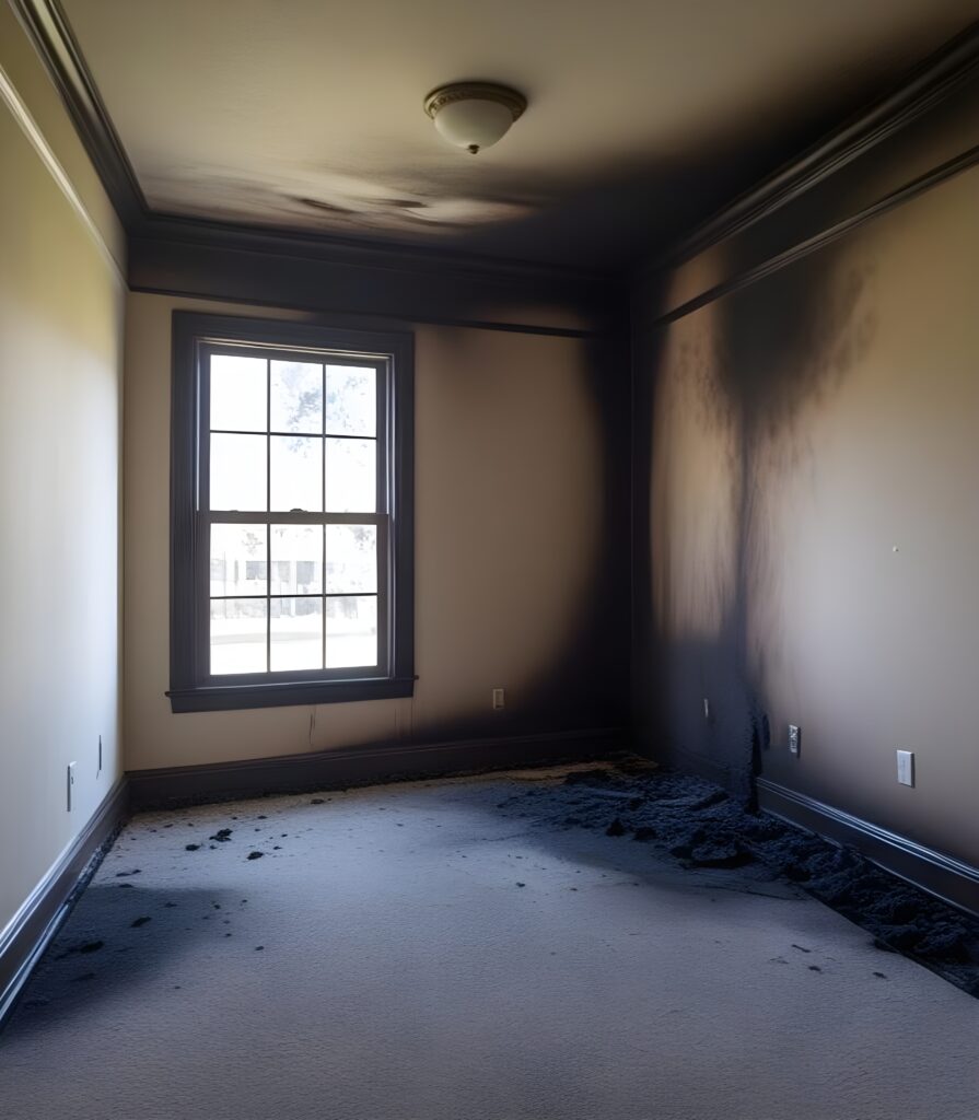 Intérieur d'une pièce sombre après un incendie, traces de suie au plafond et accumulations de cendres noires sur le sol clair près des plinthes.